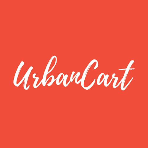 UrbanCart logo with white cursive text on a red background